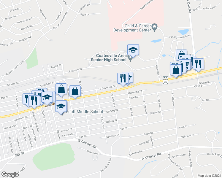 map of restaurants, bars, coffee shops, grocery stores, and more near 1253 East Lincoln Highway in Coatesville