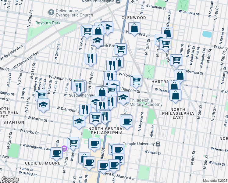 map of restaurants, bars, coffee shops, grocery stores, and more near 2241 North Broad Street in Philadelphia