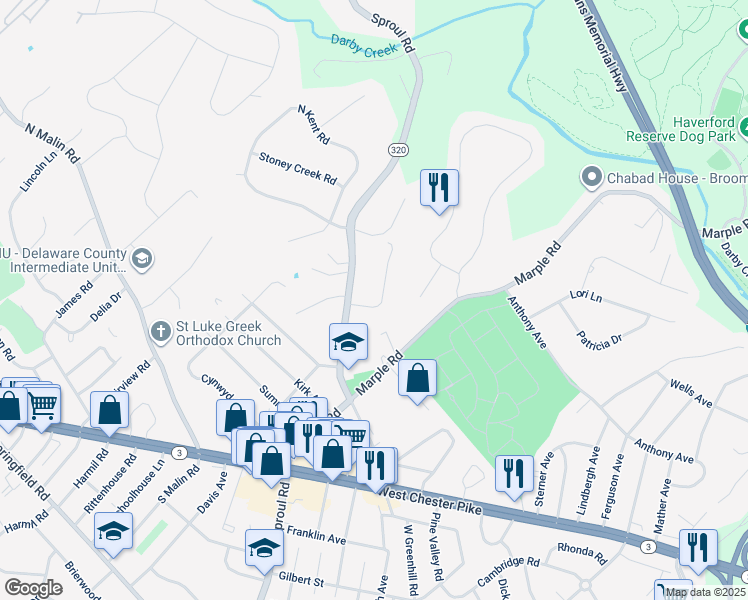 map of restaurants, bars, coffee shops, grocery stores, and more near 200 Arden Road in Broomall