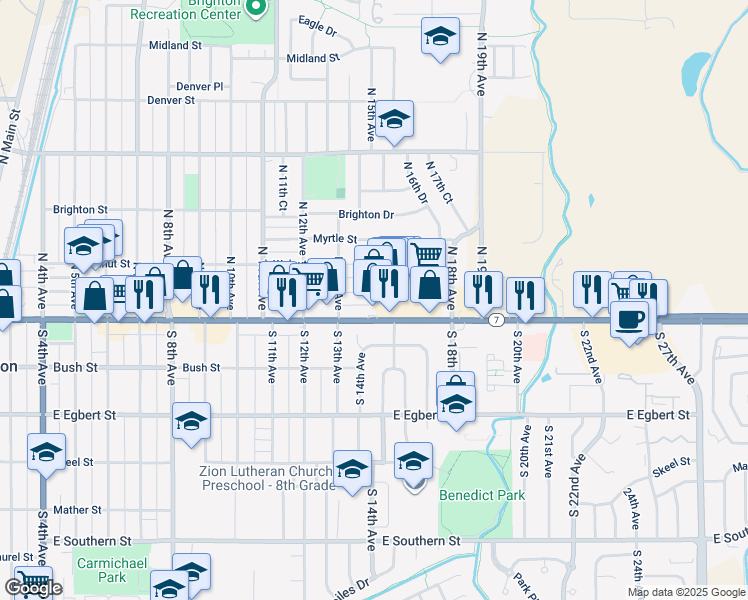 map of restaurants, bars, coffee shops, grocery stores, and more near 1401 East Bridge Street in Brighton