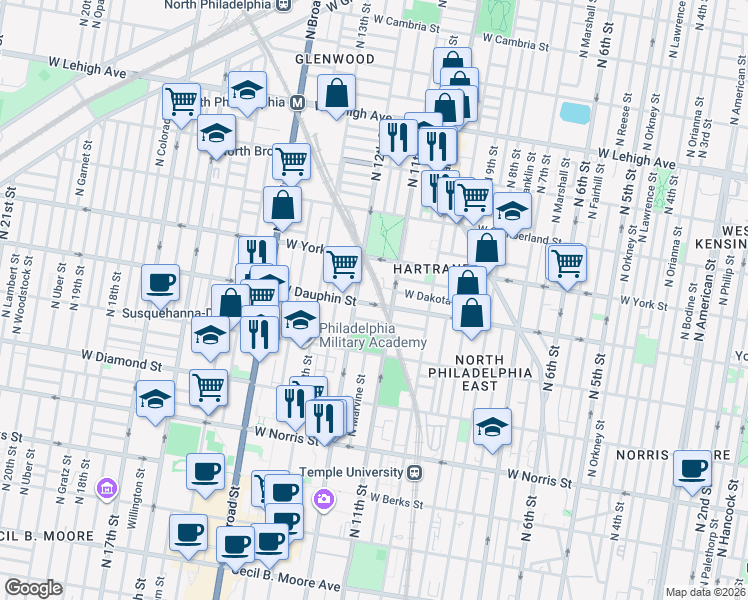 map of restaurants, bars, coffee shops, grocery stores, and more near 1115 West Dauphin Street in Philadelphia