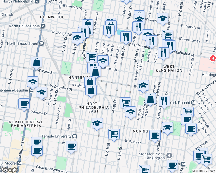 map of restaurants, bars, coffee shops, grocery stores, and more near 2325 North Marshall Street in Philadelphia