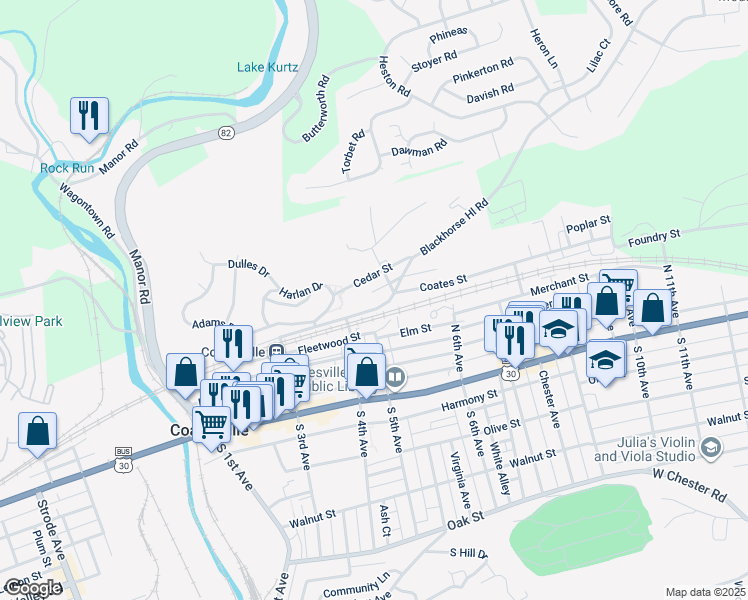map of restaurants, bars, coffee shops, grocery stores, and more near 411 Coates Street in Coatesville