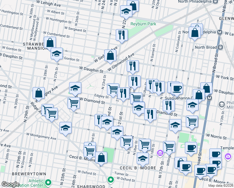 map of restaurants, bars, coffee shops, grocery stores, and more near 2132 North 21st Street in Philadelphia