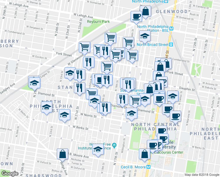map of restaurants, bars, coffee shops, grocery stores, and more near 2207 North Gratz Street in Philadelphia