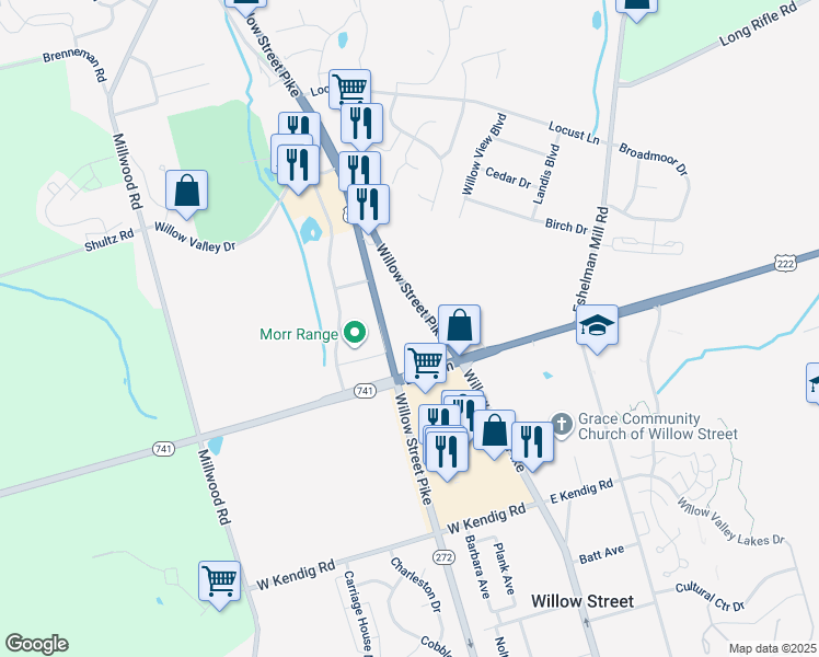 map of restaurants, bars, coffee shops, grocery stores, and more near 2530 Willow Street Pike North in Willow Street