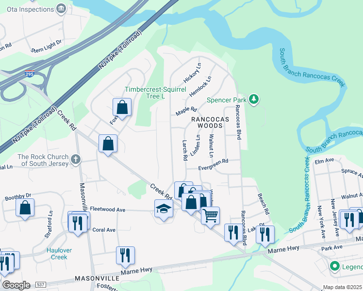 map of restaurants, bars, coffee shops, grocery stores, and more near 332 Larch Road in Mount Laurel