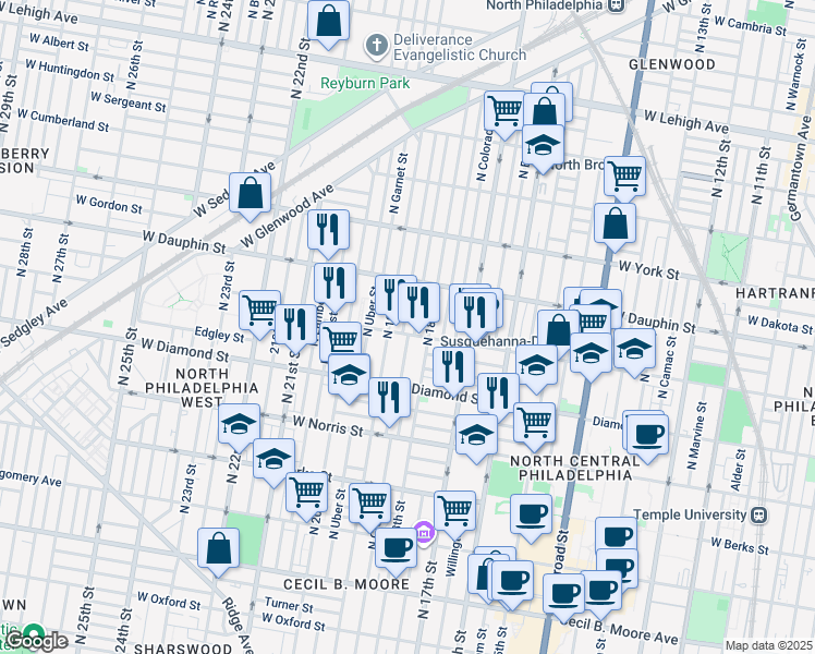 map of restaurants, bars, coffee shops, grocery stores, and more near 2207 North Gratz Street in Philadelphia