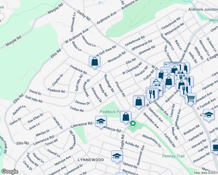 map of restaurants, bars, coffee shops, grocery stores, and more near 2700 Woodleigh Road in Havertown