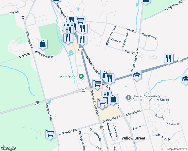 map of restaurants, bars, coffee shops, grocery stores, and more near 2530 Willow Street Pike North in Willow Street