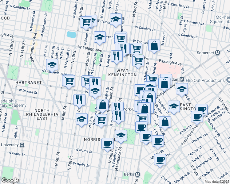 map of restaurants, bars, coffee shops, grocery stores, and more near 229 West York Street in Philadelphia