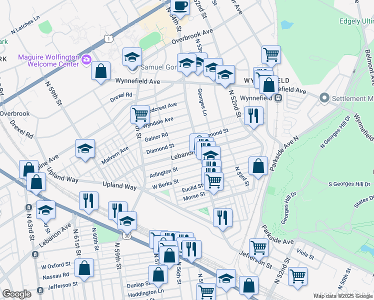 map of restaurants, bars, coffee shops, grocery stores, and more near 5427 Lebanon Avenue in Philadelphia