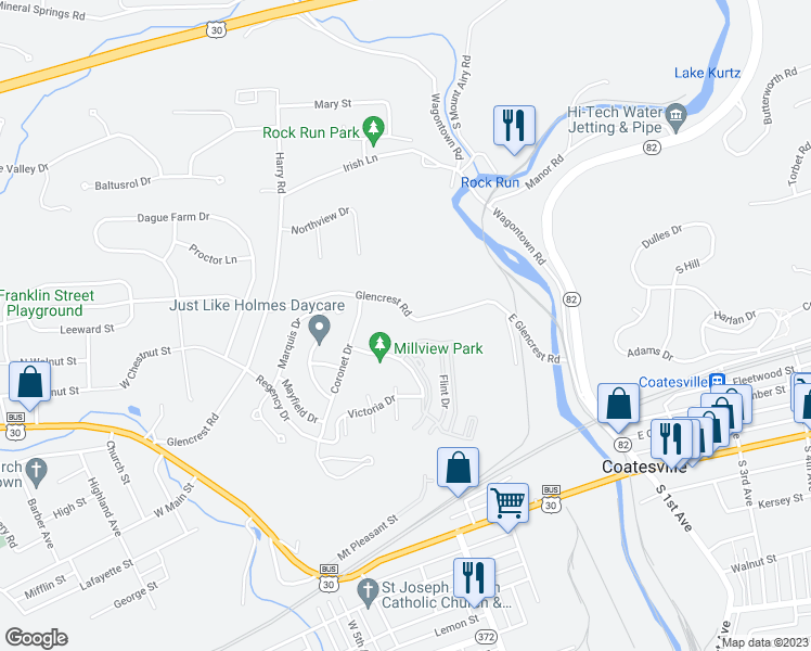 map of restaurants, bars, coffee shops, grocery stores, and more near 359 Glencrest Road in Coatesville