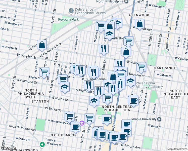 map of restaurants, bars, coffee shops, grocery stores, and more near 2225 North 17th Street in Philadelphia