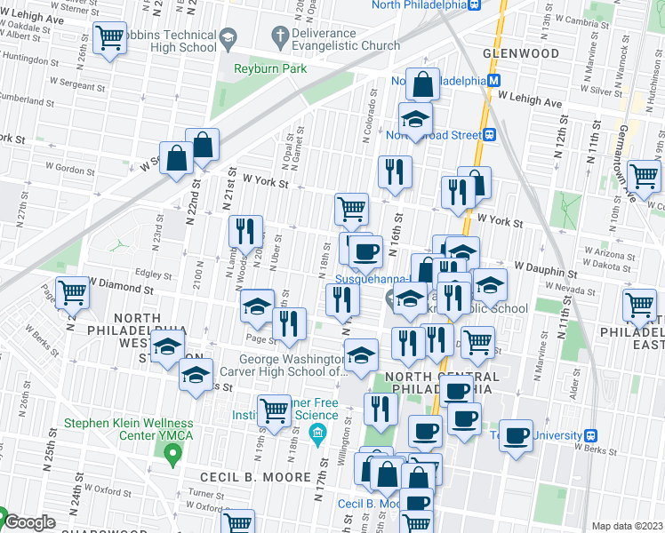 map of restaurants, bars, coffee shops, grocery stores, and more near 2216 North Bouvier Street in Philadelphia