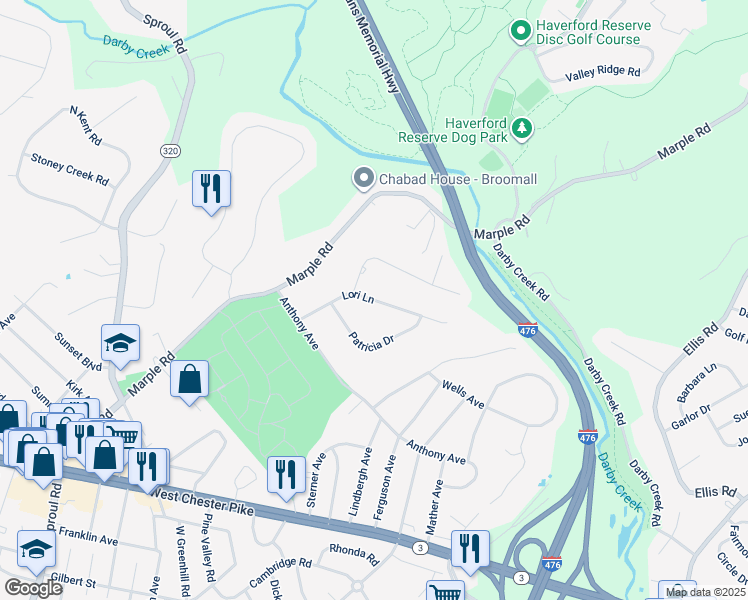 map of restaurants, bars, coffee shops, grocery stores, and more near 122 Lori Ln in Broomall