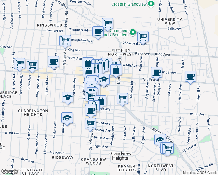 map of restaurants, bars, coffee shops, grocery stores, and more near 1381 Ida Avenue in Columbus