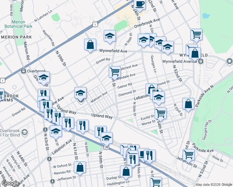 map of restaurants, bars, coffee shops, grocery stores, and more near 5670 Diamond Street in Philadelphia