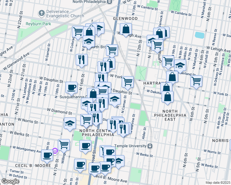 map of restaurants, bars, coffee shops, grocery stores, and more near 2261 North Park Avenue in Philadelphia