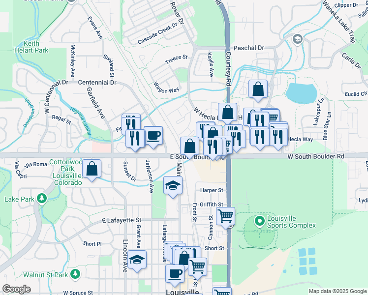 map of restaurants, bars, coffee shops, grocery stores, and more near 1704 Steel Street in Louisville