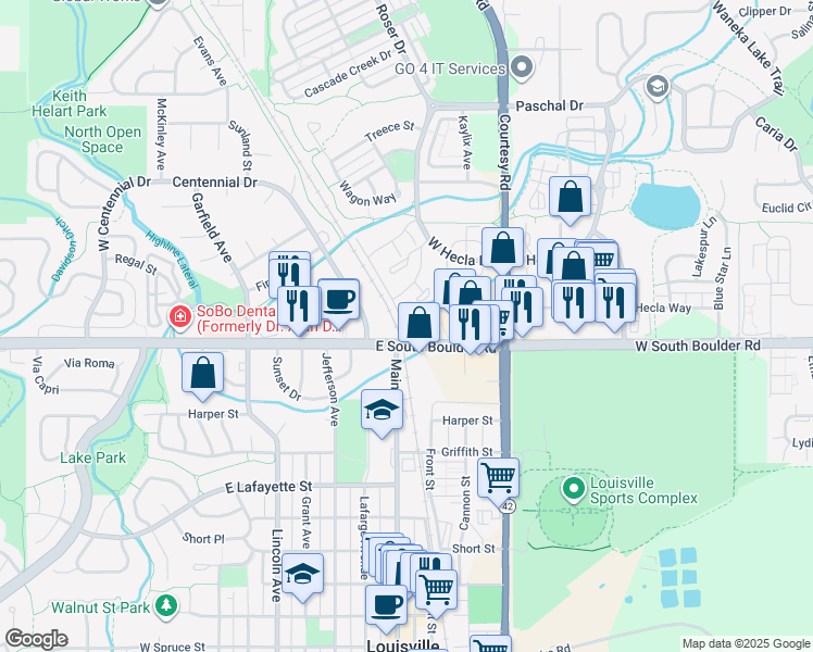 map of restaurants, bars, coffee shops, grocery stores, and more near 1704 Steel Street in Louisville