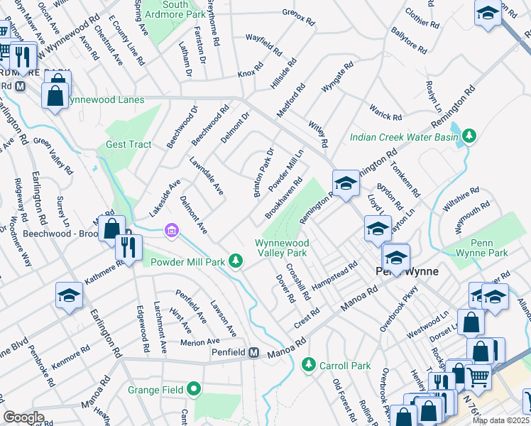 map of restaurants, bars, coffee shops, grocery stores, and more near 1625 Brookhaven Road in Wynnewood
