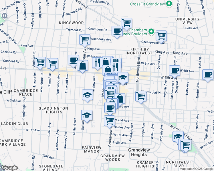 map of restaurants, bars, coffee shops, grocery stores, and more near 1471 Ida Avenue in Columbus