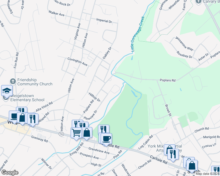 map of restaurants, bars, coffee shops, grocery stores, and more near 1881 Pineview Drive in York