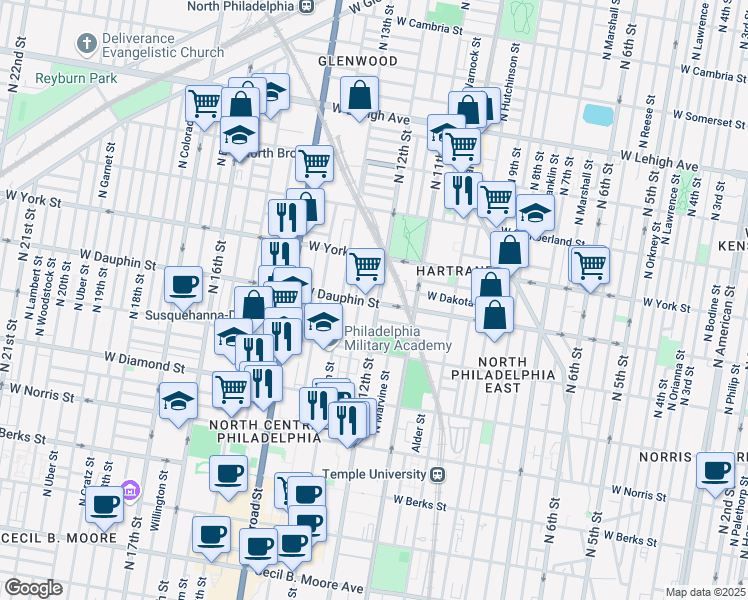 map of restaurants, bars, coffee shops, grocery stores, and more near 2247 North Camac Street in Philadelphia