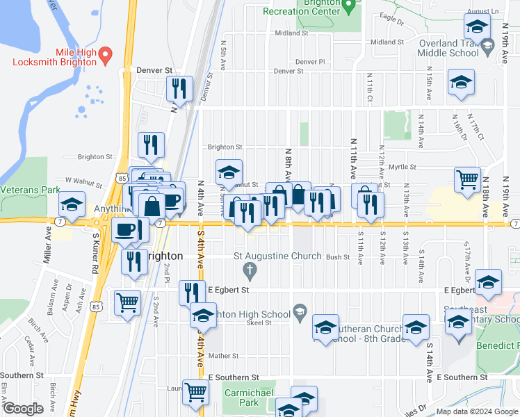 map of restaurants, bars, coffee shops, grocery stores, and more near 705 East Bridge Street in Brighton