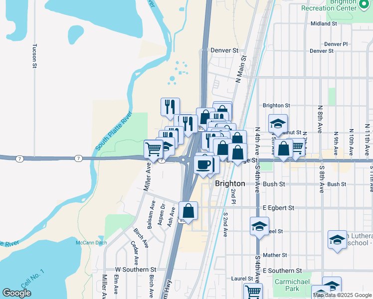 map of restaurants, bars, coffee shops, grocery stores, and more near North Kuner Road in Brighton