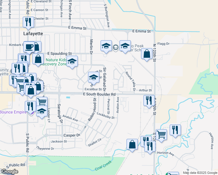 map of restaurants, bars, coffee shops, grocery stores, and more near 1175 Sir Galahad Drive in Lafayette