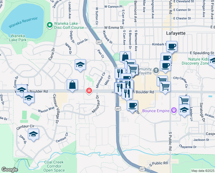 map of restaurants, bars, coffee shops, grocery stores, and more near 1328 Marigold Court in Lafayette