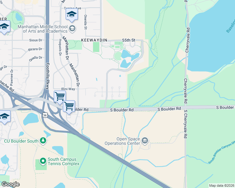 map of restaurants, bars, coffee shops, grocery stores, and more near 57 Mineola Court in Boulder