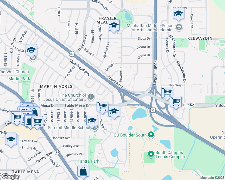 map of restaurants, bars, coffee shops, grocery stores, and more near 4990 Moorhead Avenue in Boulder