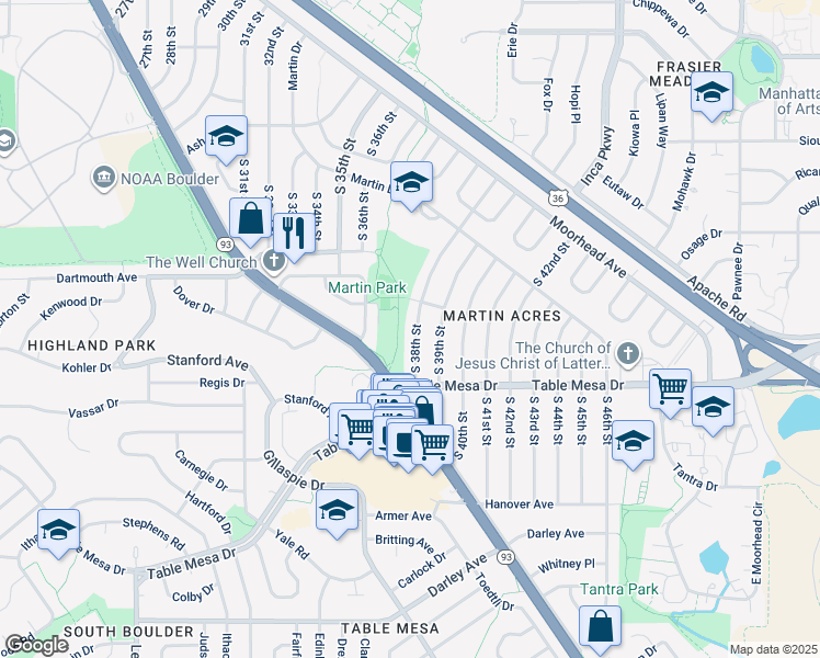 map of restaurants, bars, coffee shops, grocery stores, and more near 420 South 38th Street in Boulder