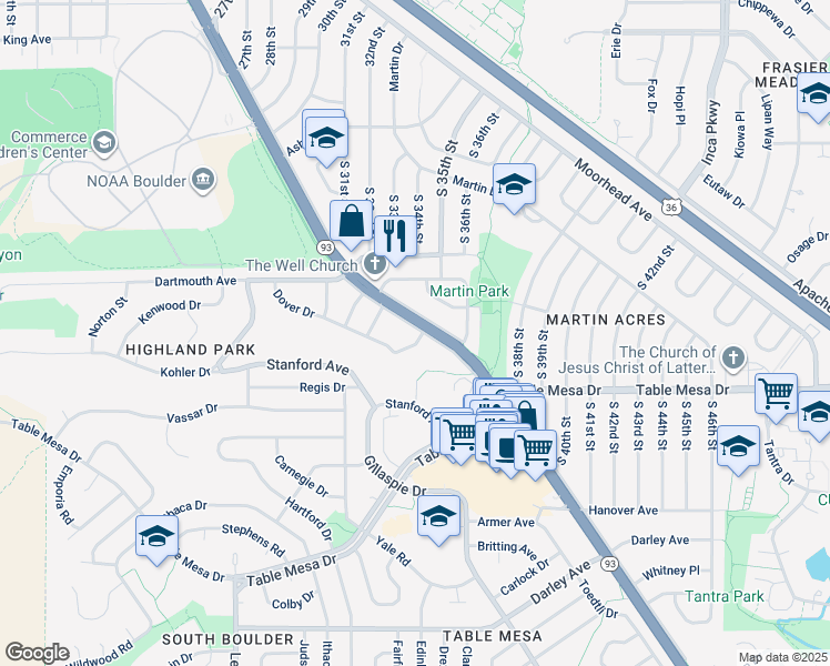 map of restaurants, bars, coffee shops, grocery stores, and more near 3320 Dover Drive in Boulder