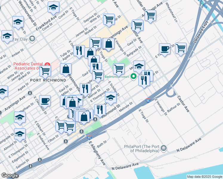 map of restaurants, bars, coffee shops, grocery stores, and more near 3412 Edgemont Street in Philadelphia