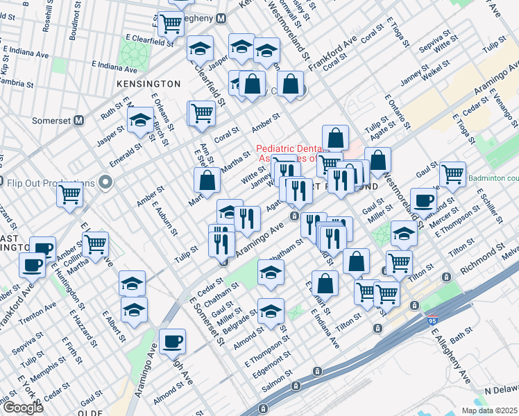 map of restaurants, bars, coffee shops, grocery stores, and more near 3039 Tulip Street in Philadelphia