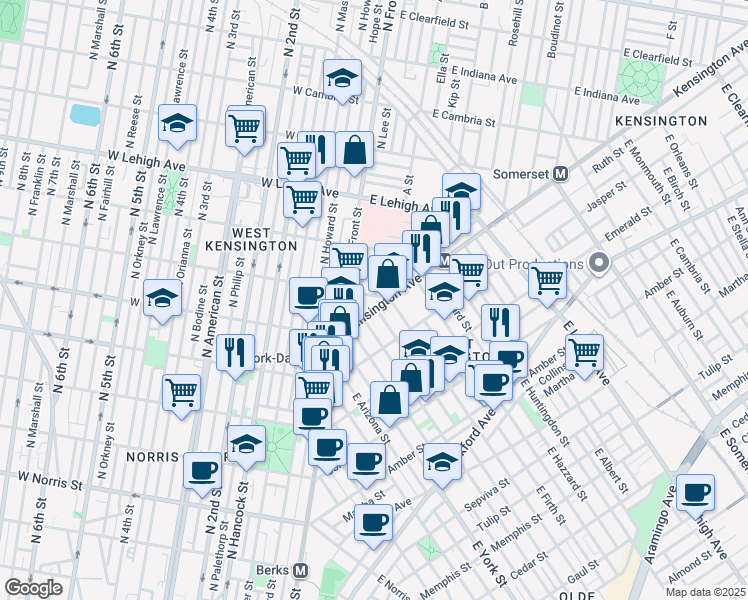 map of restaurants, bars, coffee shops, grocery stores, and more near 2449 Kensington Avenue in Philadelphia