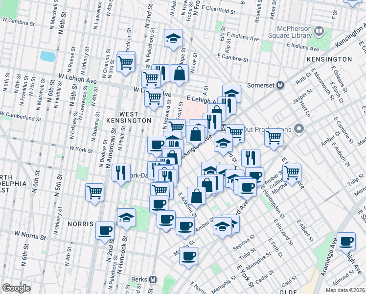 map of restaurants, bars, coffee shops, grocery stores, and more near 2449 Kensington Avenue in Philadelphia