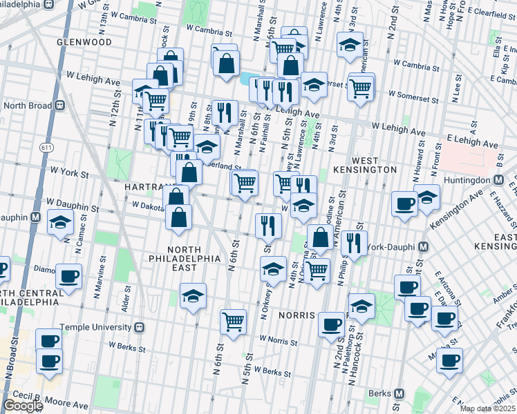 map of restaurants, bars, coffee shops, grocery stores, and more near 526 West York Street in Philadelphia