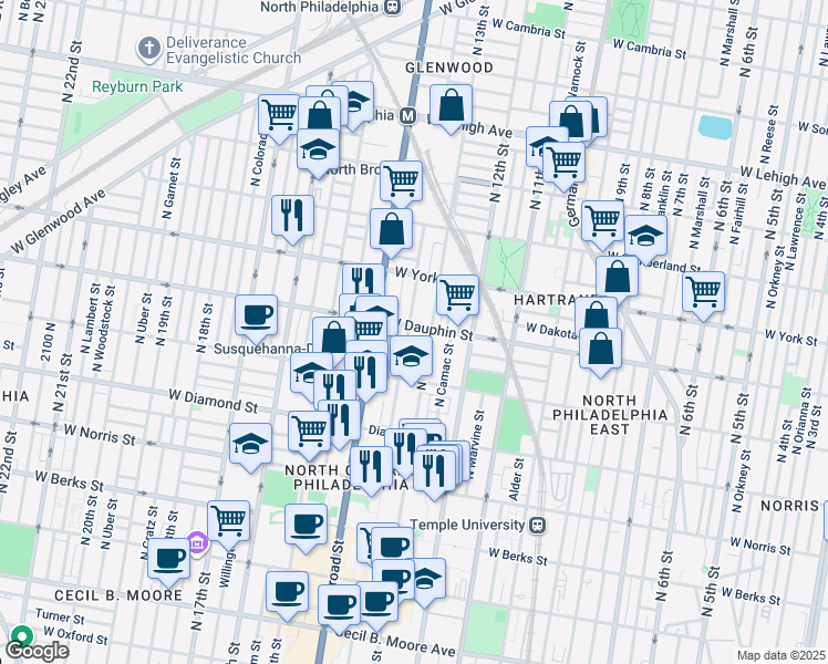 map of restaurants, bars, coffee shops, grocery stores, and more near 2239 North Park Avenue in Philadelphia