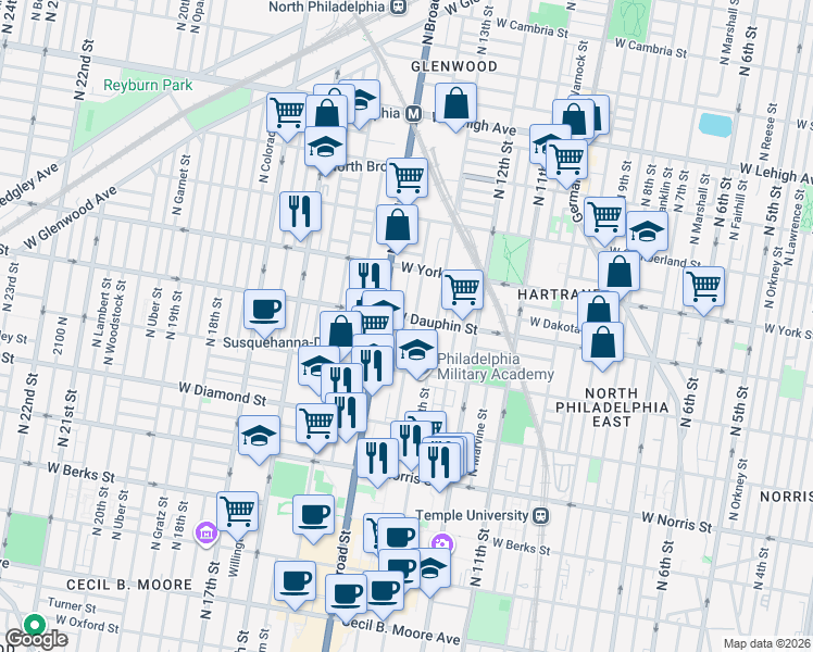 map of restaurants, bars, coffee shops, grocery stores, and more near 2239 North Park Avenue in Philadelphia
