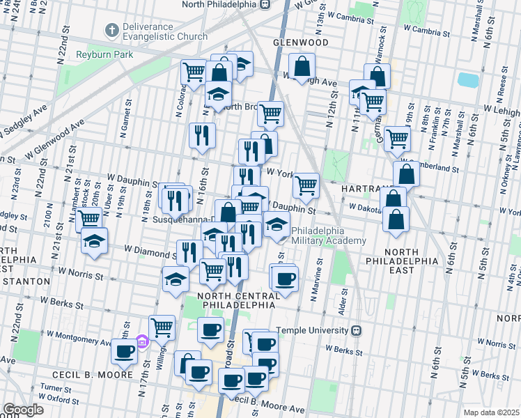 map of restaurants, bars, coffee shops, grocery stores, and more near in Philadelphia