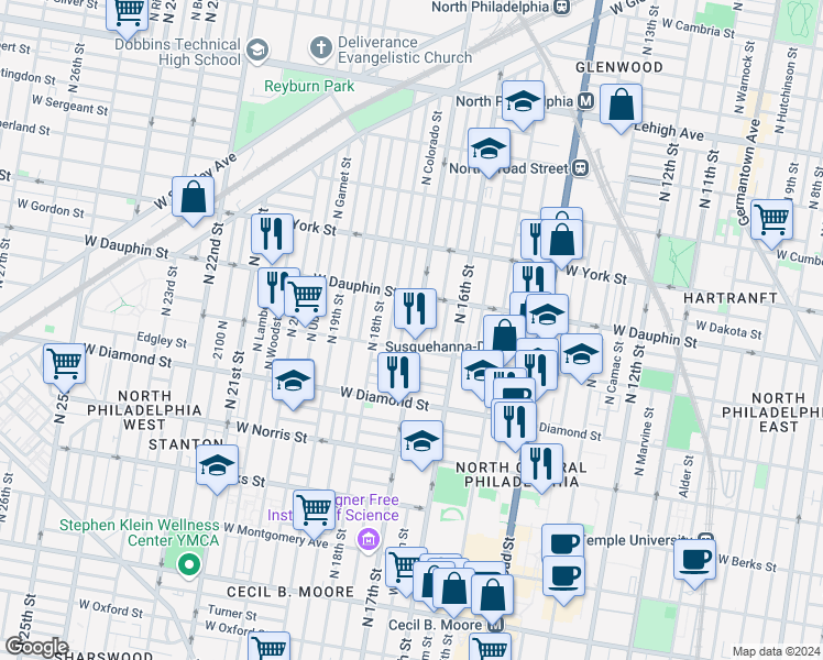 map of restaurants, bars, coffee shops, grocery stores, and more near in Philadelphia