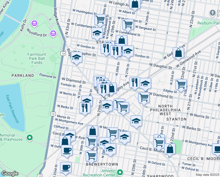 map of restaurants, bars, coffee shops, grocery stores, and more near 2821-27 West Sedgley Avenue in Philadelphia