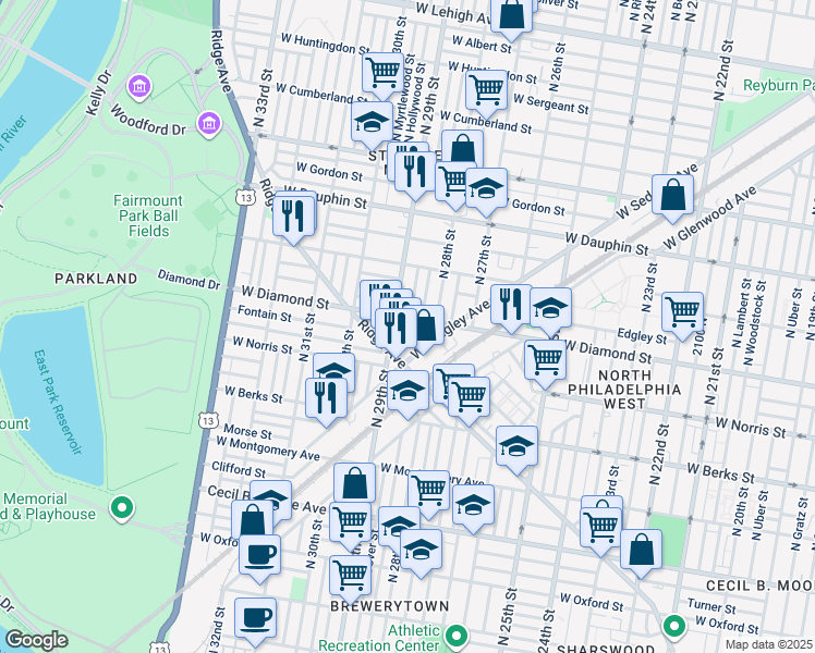 map of restaurants, bars, coffee shops, grocery stores, and more near 2821-27 West Sedgley Avenue in Philadelphia