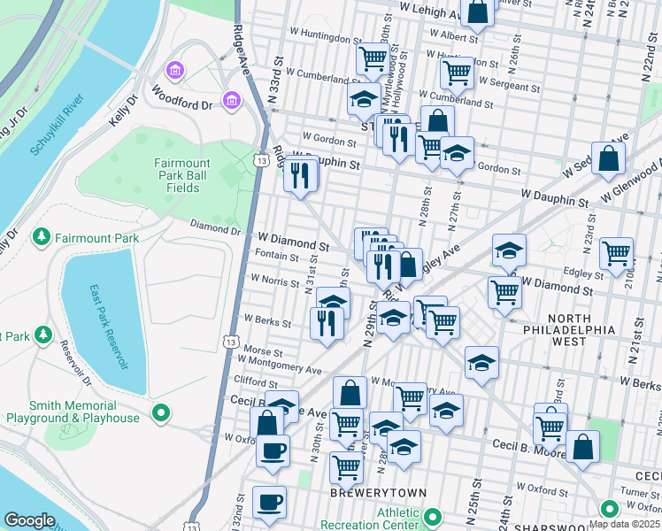 map of restaurants, bars, coffee shops, grocery stores, and more near 3016 Page Street in Philadelphia