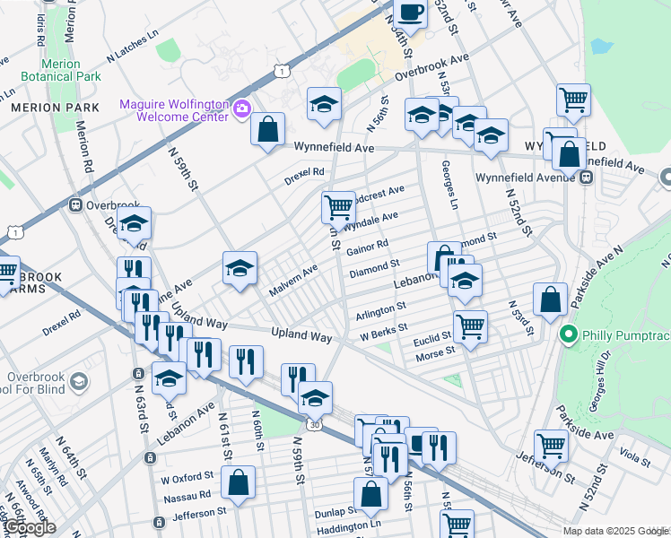 map of restaurants, bars, coffee shops, grocery stores, and more near 5670 Diamond Street in Philadelphia